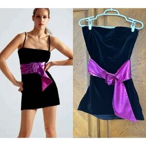Zara black velvet mini dress with pink metallic belt, XS